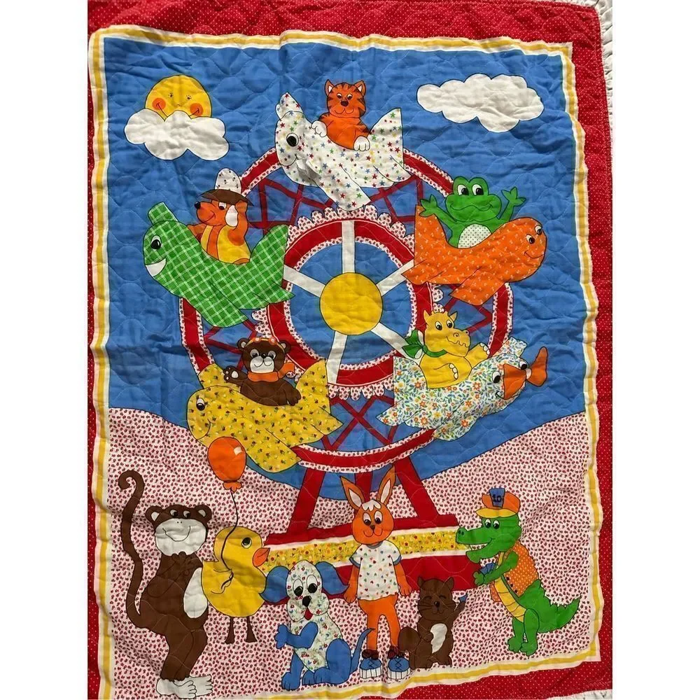 VINTAGE 1980s Pre-printed baby quilt topper animal‎ print 35x44